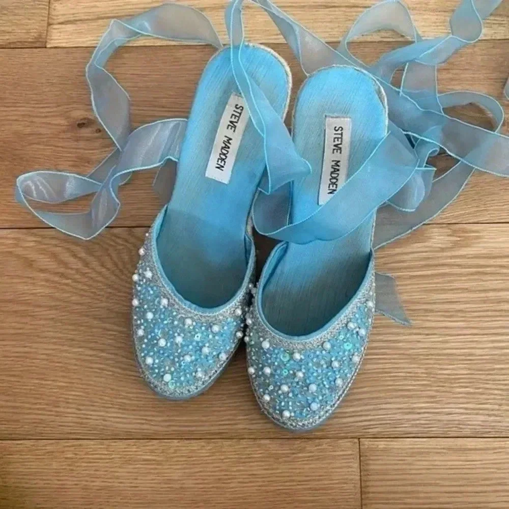 Steve Madden Blue Beaded Espadrilles Tie Up Wedges